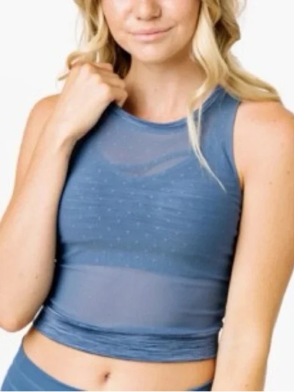 Zyia Active Women XS Calm Blue Dot Print Luxe High Neck Sheer Mesh Crop Tank Top